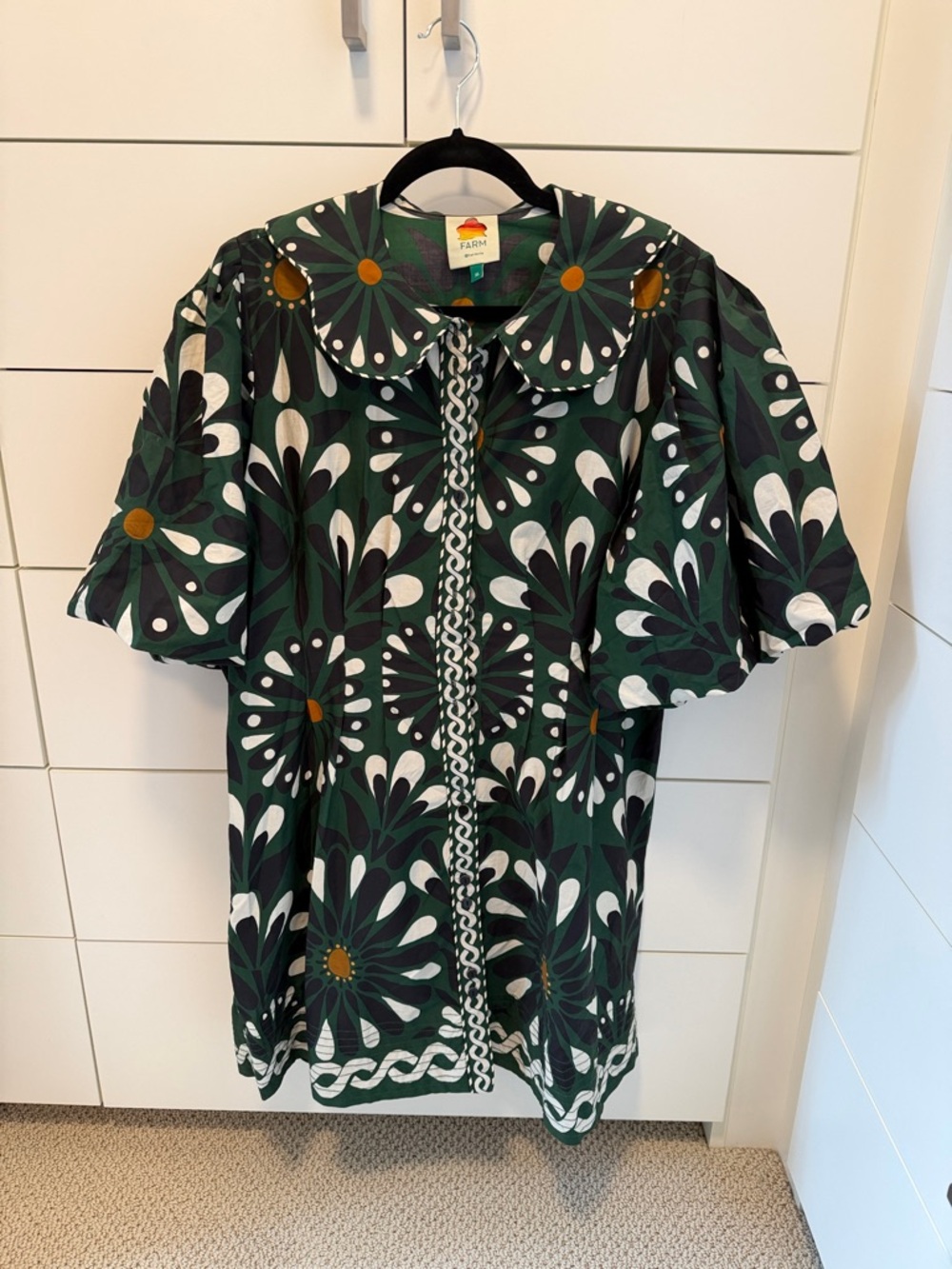 FARM Rio Green Floral Puff-Sleeve Tunic with White & Mustard Accents